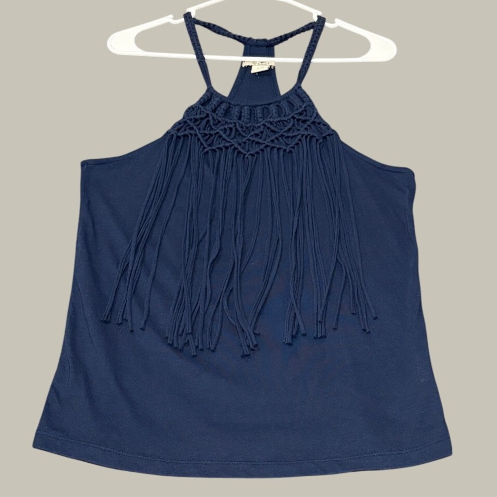 Ariat Womens Navy Blue Macrame Fringe Halter Tank Top Size M Boho Western